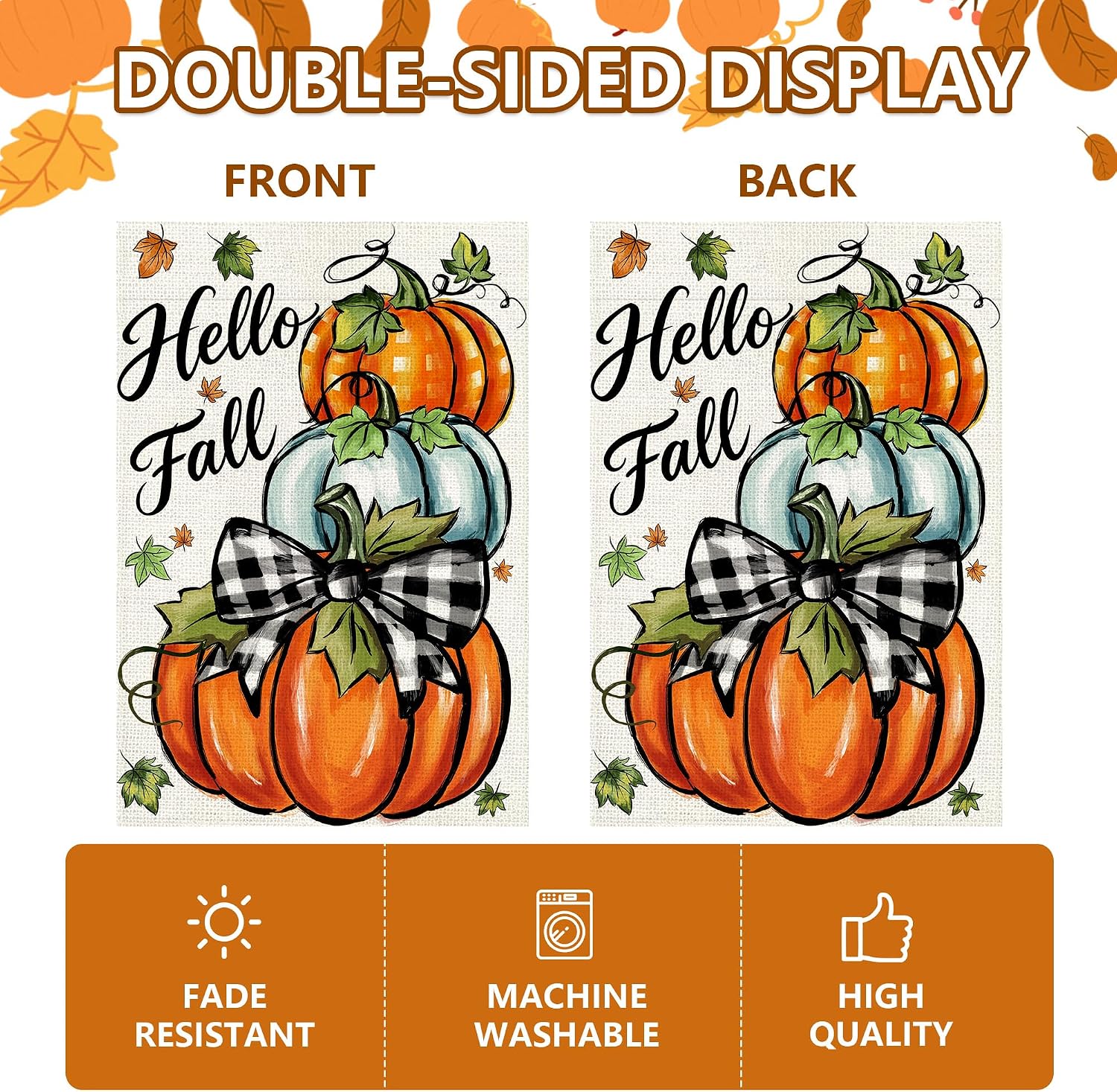 Hello Fall Garden Flag 12x18 Inch, Pumpkin Double Sided Flag