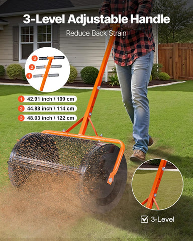 VEVOR Compost Spreader, 24 in Wide Peat Moss Spreader with T Shaped Handle, 3 Heights Adjustable, Powder-Coated Steel Garden Peat Moss Roller, Heavy Duty Grass Seed Spreaders for Planting Seeding