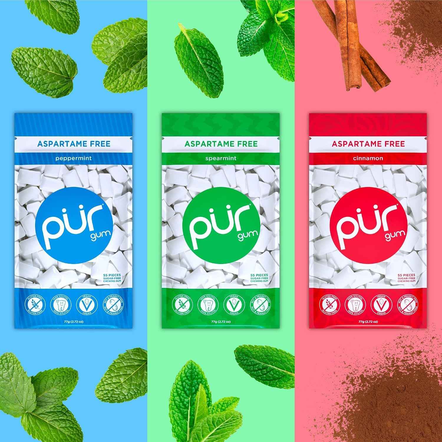 PUR Gum, Variety Pack, Xylitol Gum, No Artificial Flavor, 165 Count (3x55)