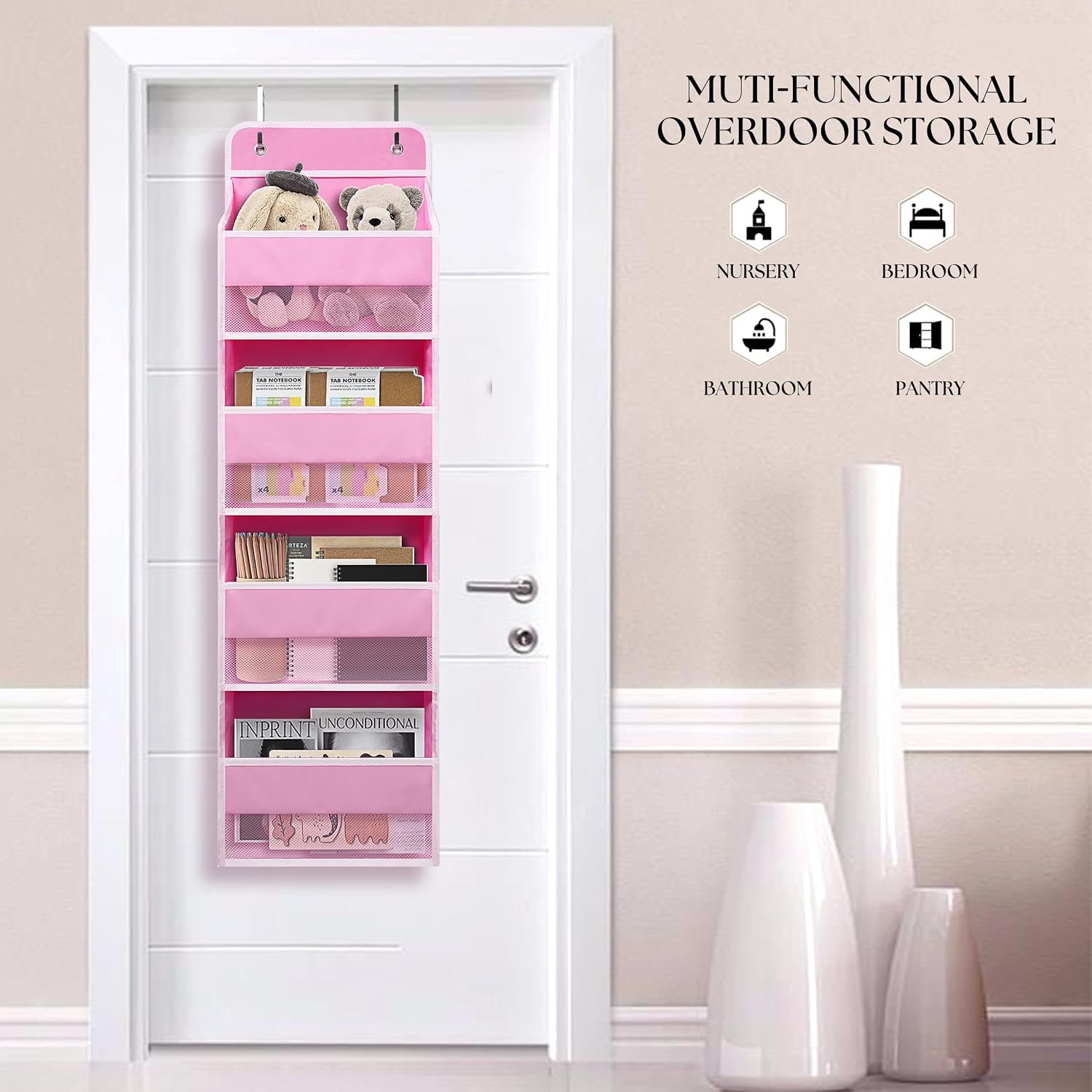 Giraffe Creation Pink Over Door Organizer with 4 Front Pockets, Compact Hanging Door Storage for Nursery, Bedroom, Bathroom, Closet, Baby Essentials
