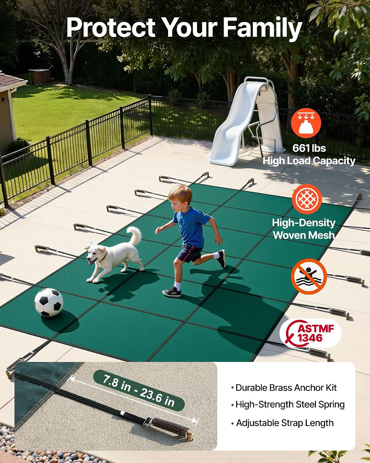 VEVOR Inground Pool Safety Cover, 14 ft x 28 ft Rectangular Winter Pool Cover, Triple Stitched, High Strength Mesh PP Material with Good Rain Permeability, Installation Hardware Included, Green