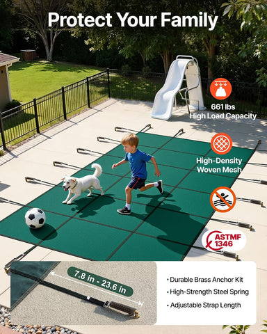 VEVOR Inground Pool Safety Cover, 14 ft x 28 ft Rectangular Winter Pool Cover, Triple Stitched, High Strength Mesh PP Material with Good Rain Permeability, Installation Hardware Included, Green