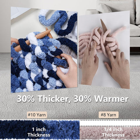 Cozyful Chunky Yarn for Hand Knitting - #10 Chunky Chenille Blanket Yarn, Jumbo Big Thick Chunky Yarns for Crocheting, Tie Dye Bulky Knit Yarns, 8 Skein (20 yds 8 oz Each Skein), Multi Blue & White