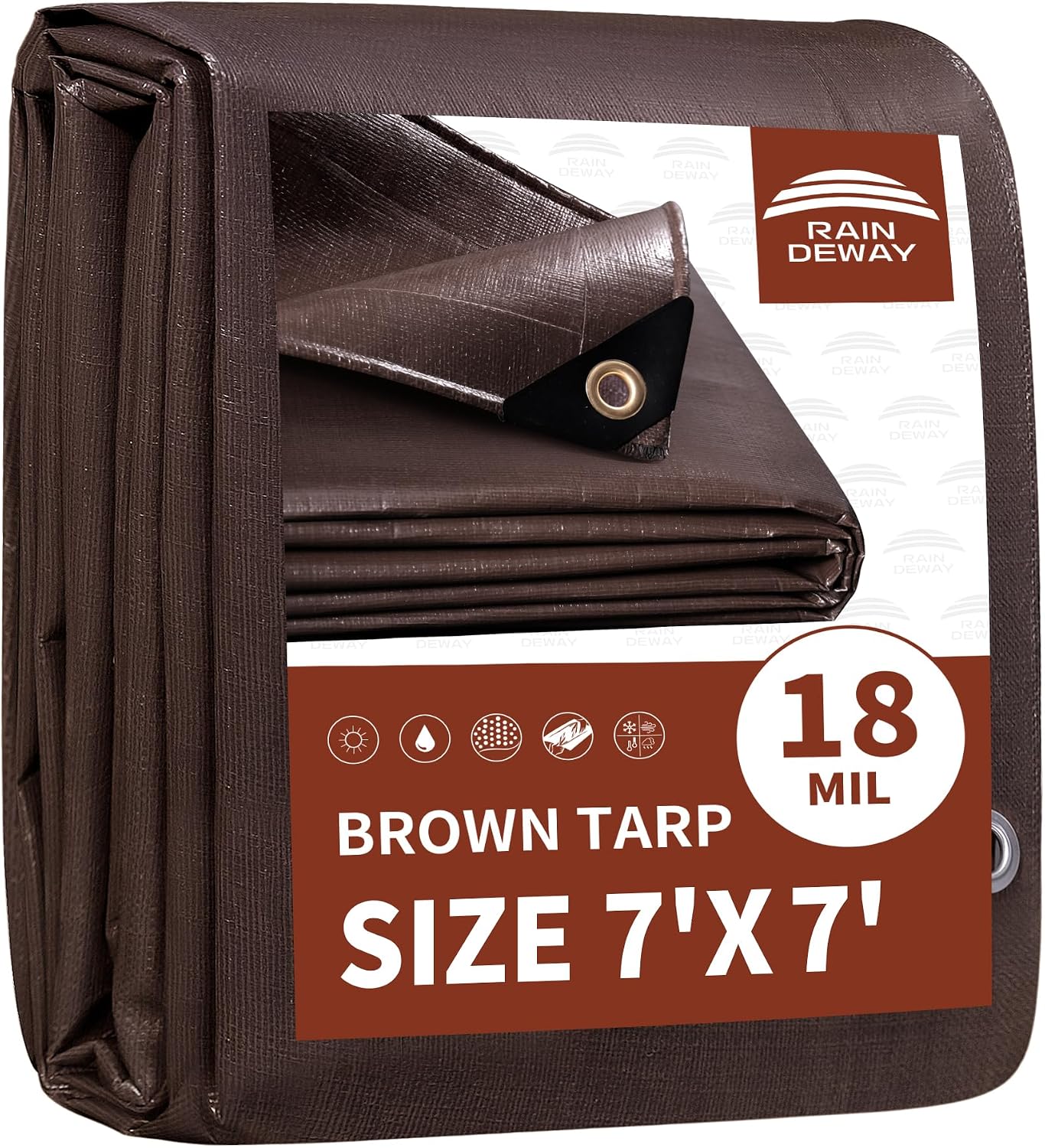 RAINDEWAY Tarp 7x7ft Brown Tarps Heavy Duty Waterproof 18Mil Extra Thick