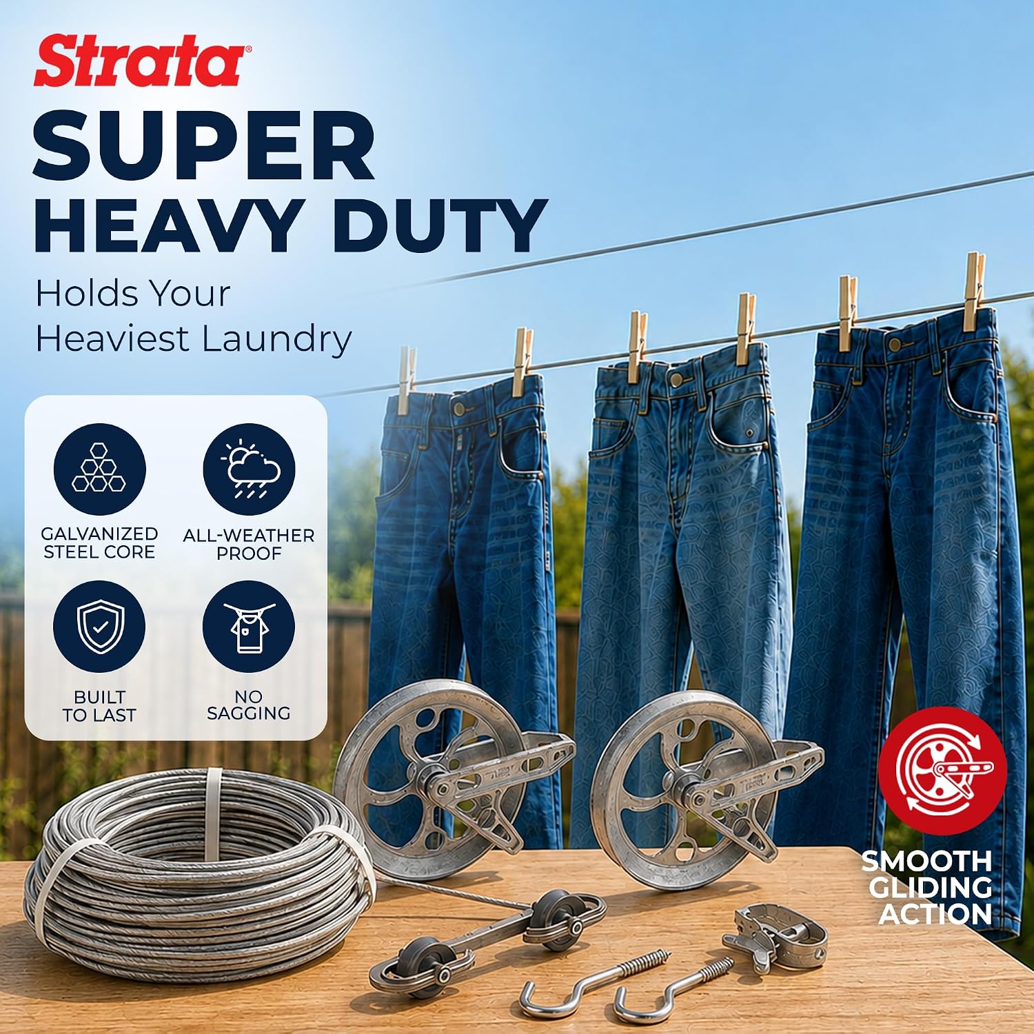 STRATA Heavy-Duty Clothesline Kit, 150ft Steel Cable, Premium Metallic