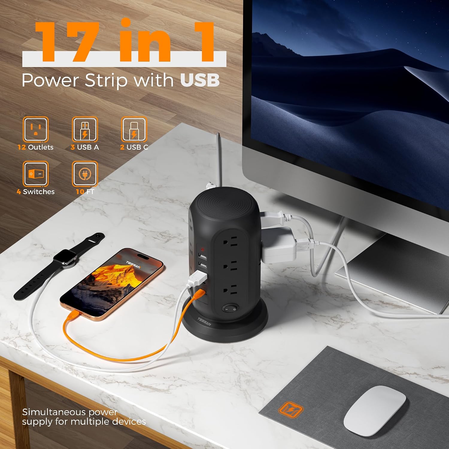 TESSAN Tower Power Strip Surge Protector, Flat Extension Cord 10 Ft,Black