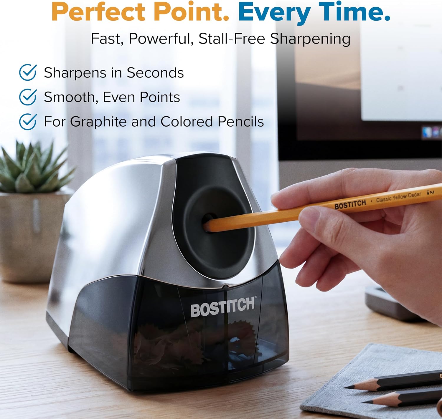 Bostitch Office Electric Pencil Sharpener for Classroom & Desk Use, Heavy-Duty Stall-Free Motor, High-Capacity Shavings Tray, Chrome