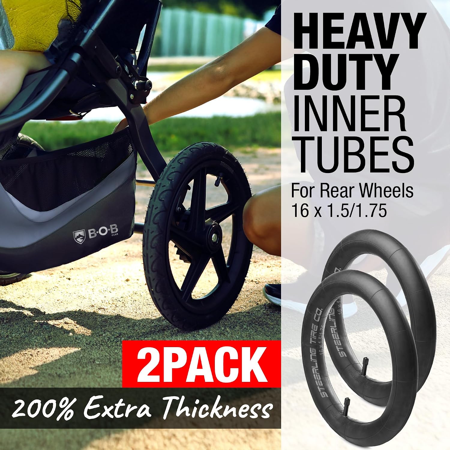 16 x 1.5/1.75 Stroller Tire Tube Heavy Duty - Thorn Resistant Inner Tube for All BOB Revolution Strollers, Sport Utility, Ironman & Alterrain [2-Pack] BOB Stroller Tire Replacement