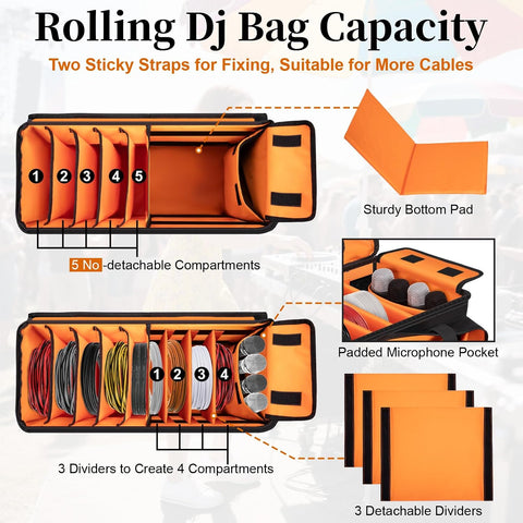 Large Rolling Dj Cable Bag with Detachable Dividers, Bottom Pad