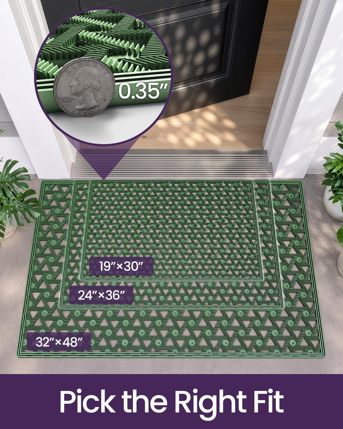 DEXI Front Door Mat Outside Entrance Rubber Floor Doormat, 24x36 Green