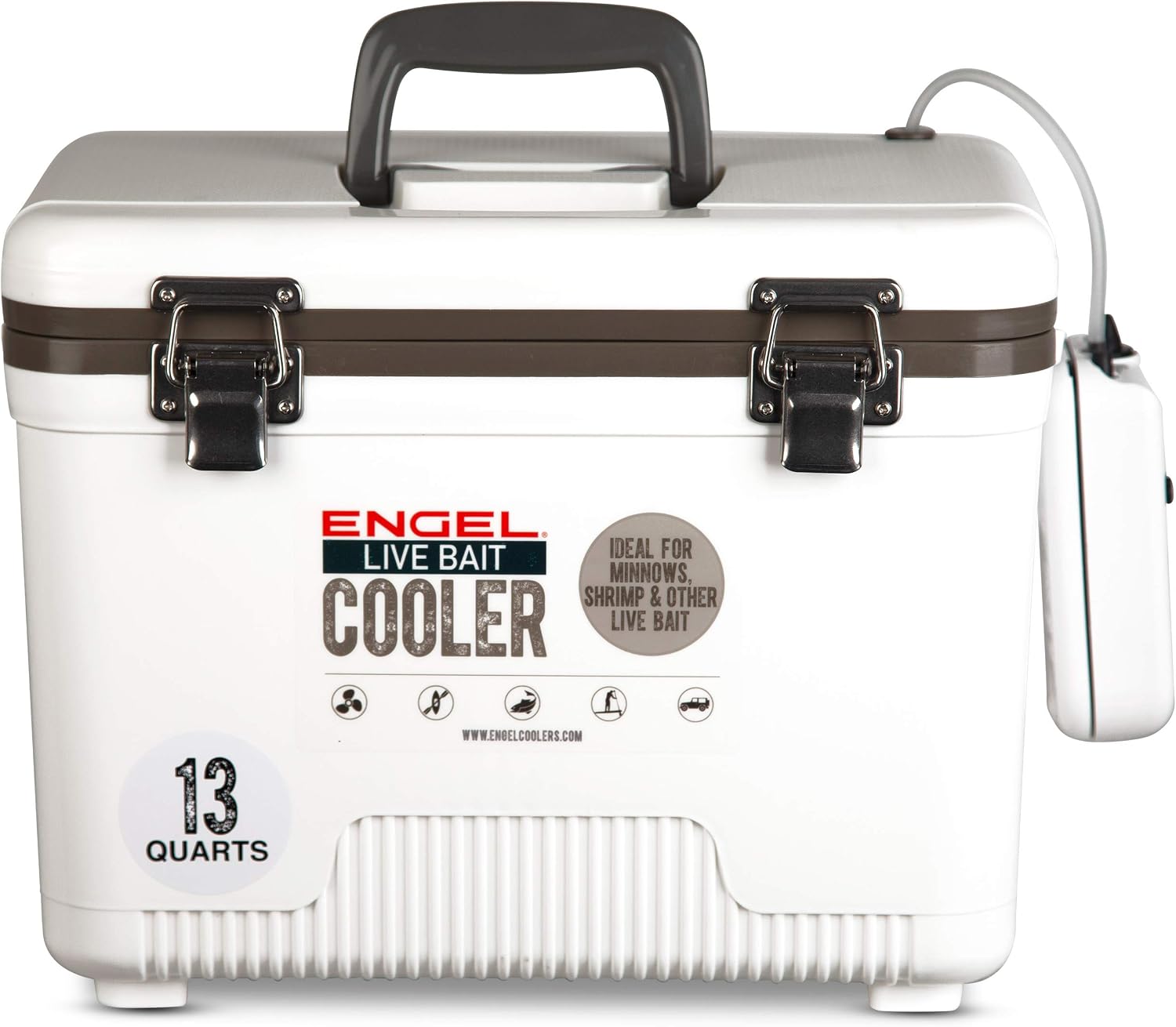 Engel Live Bait Cooler Box with 2nd Gen 2-Speed Aerator Pump - Portable Fishing Station & Minnow Bucket for Shrimp & Other Live Fish with Aerator - ENGLBC-N