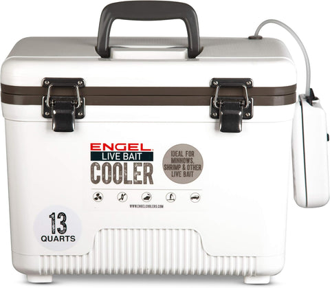Engel Live Bait Cooler Box with 2nd Gen 2-Speed Aerator Pump - Portable Fishing Station & Minnow Bucket for Shrimp & Other Live Fish with Aerator - ENGLBC-N