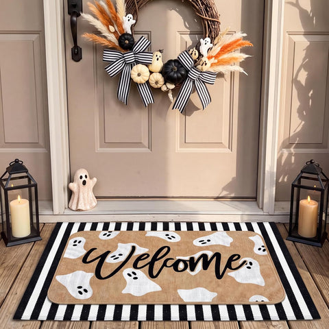 Tinideya 2 Pcs Halloween Door Mat Set, Outdoor Ghost Welcome Front Rug