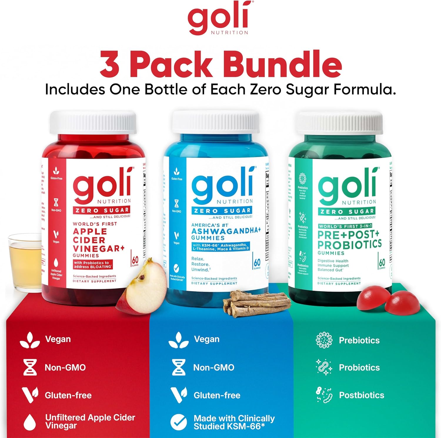 Goli Zero Sugar Trio - World's First 3-in-1 Pre, Post, Probiotic, Apple Cider Vinegar with Vitamin B12 and Probiotics, Ashwagandha & L-Theanine, Vitamin D Gummies, 180 Count (3-Bottle Set)