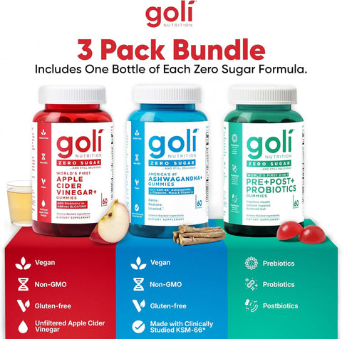 Goli Zero Sugar Trio - World's First 3-in-1 Pre, Post, Probiotic, Apple Cider Vinegar with Vitamin B12 and Probiotics, Ashwagandha & L-Theanine, Vitamin D Gummies, 180 Count (3-Bottle Set)