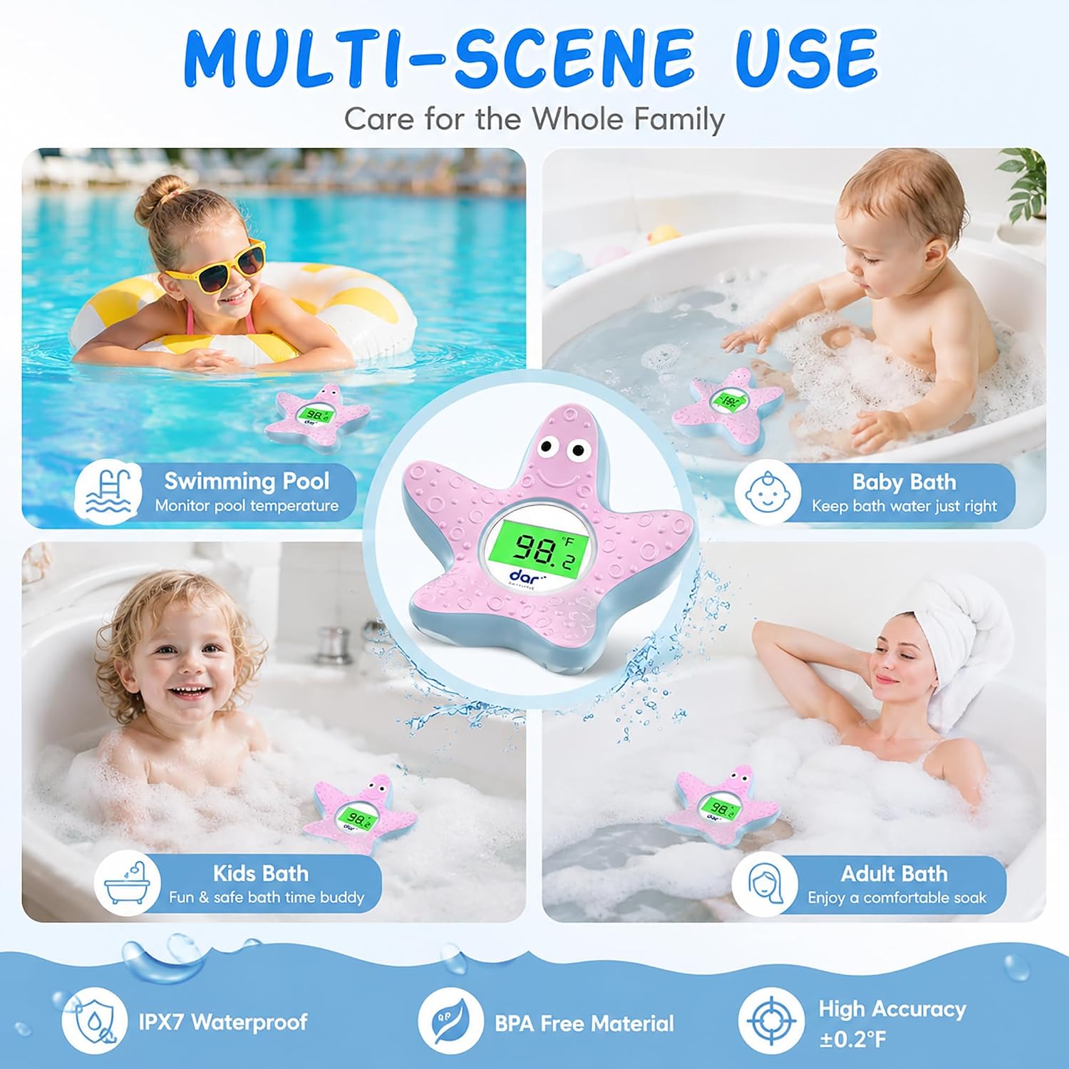 Baby Bath Thermometer for Tub,Floating Digital Water Temperature Thermometer with Instant Accurate Reading,3-Color Safety Light,Auto On/Off for Newborn,Infant & Toddler（Starfish）