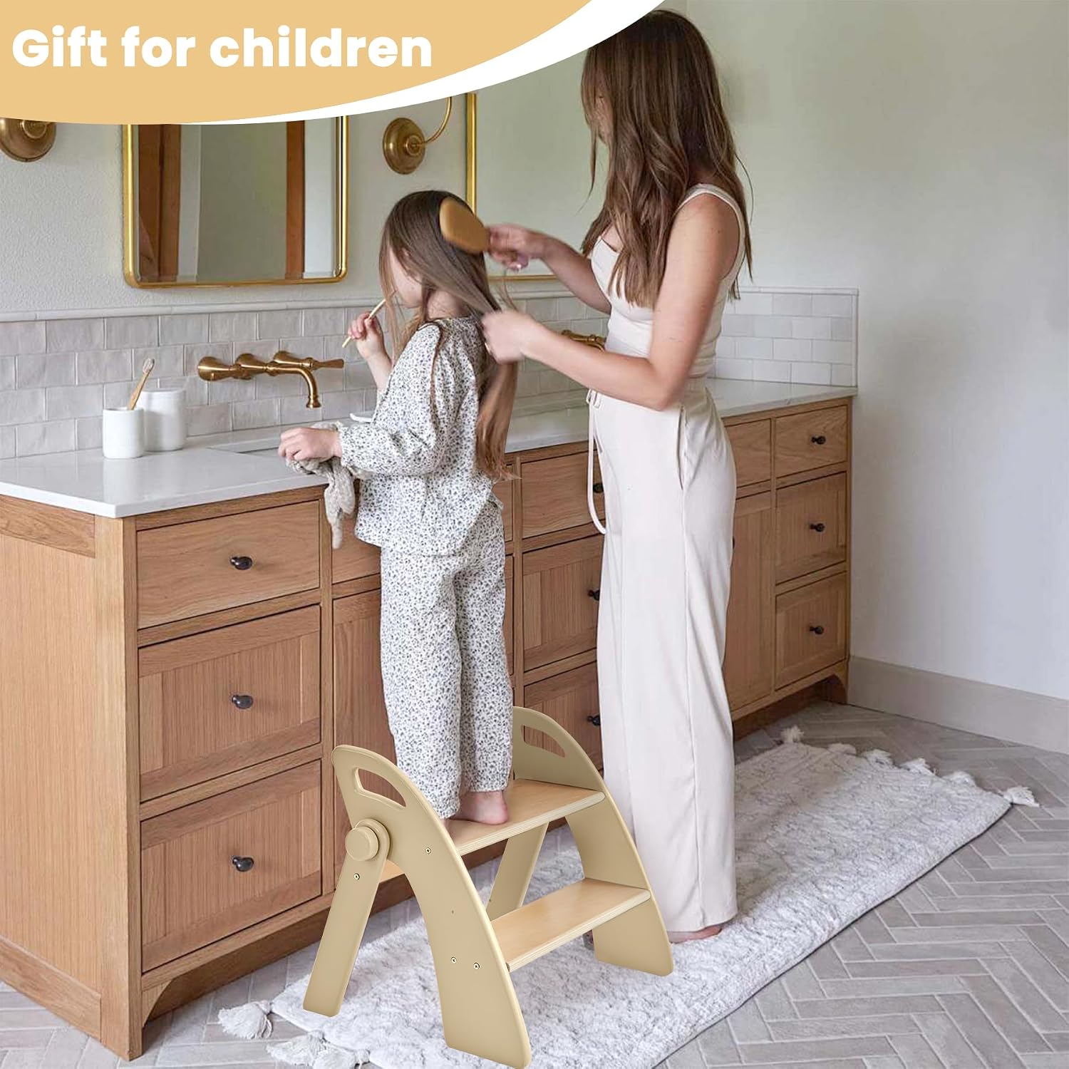 Wooden 2 Step Stool for Toddlers, Foldable 2-Step with Non-Slip Pads and Handles, Bamboo Step Stool for Kids Bathroom Sink and Potty Training, Kitchen Helper, Nursery Bedroom (Log Color)