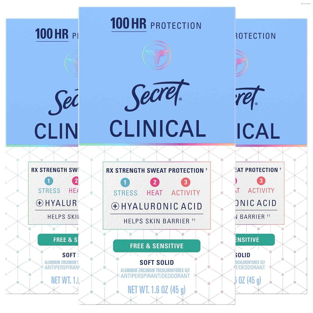 Secret Clinical Strength Antiperspirant and Deodorant for Women, Free & Sensitive, 3X Stress Sweat Protection, PH Balancing Minerals, Soft Solid, Unscented, 1.6 oz (Pack of 3)