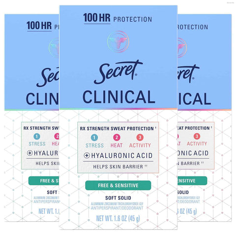 Secret Clinical Strength Antiperspirant and Deodorant for Women, Free & Sensitive, 3X Stress Sweat Protection, PH Balancing Minerals, Soft Solid, Unscented, 1.6 oz (Pack of 3)