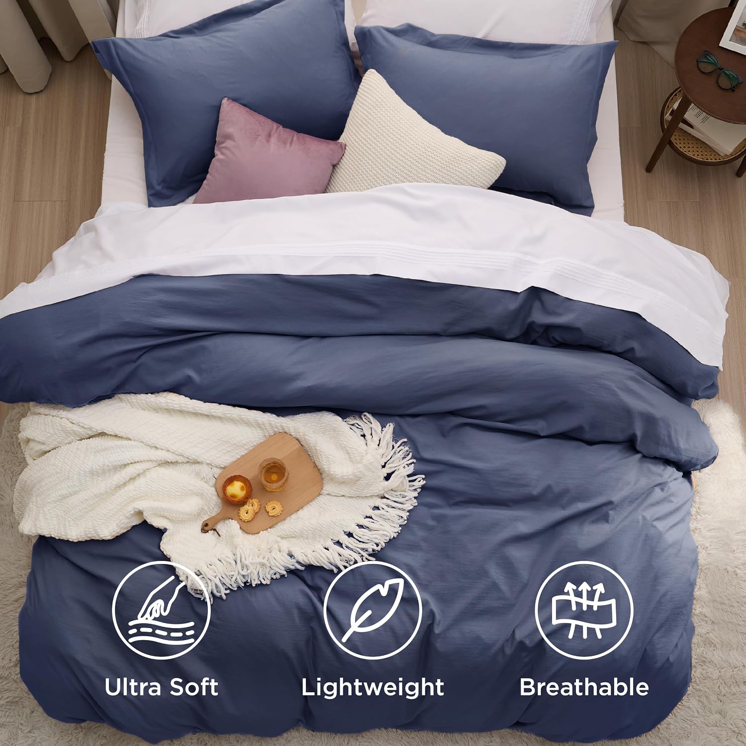 Bedsure Prewashed Duvet Cover King, Cotton-Like Soft Bedding Set, Navy