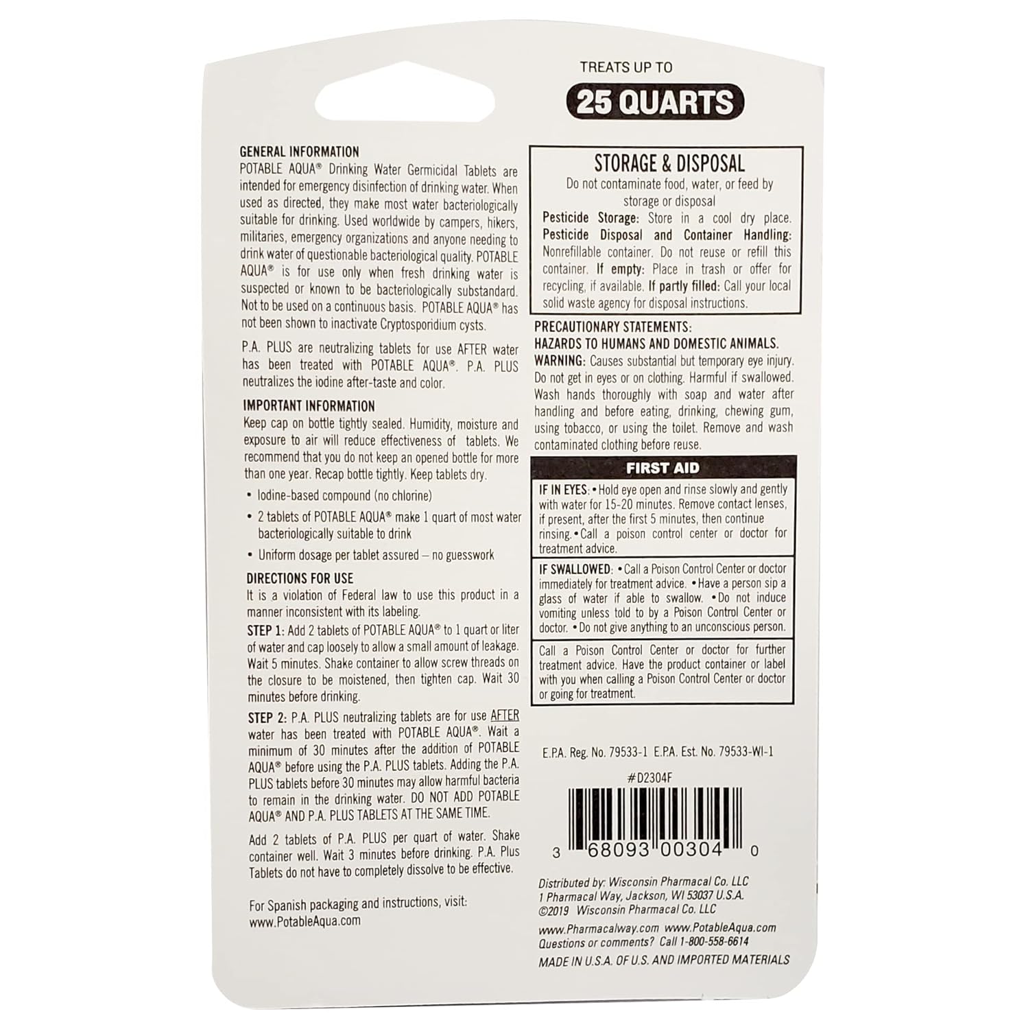 Potable Aqua Water Purification Tablets With PA Plus - Two 50 count Bottles