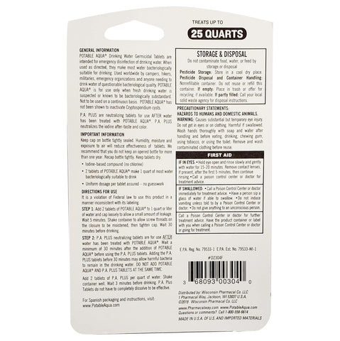 Potable Aqua Water Purification Tablets With PA Plus - Two 50 count Bottles