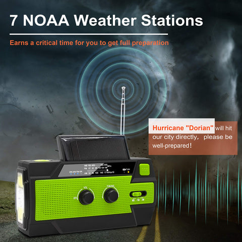 Emergency Crank Weather Radio, 4000mAh Solar Hand Crank Portable AM/FM/NOAA, with 1W 3 Mode Flashlight & Motion Sensor Reading Lamp, Cell Phone Charger, SOS for Home and Emergency Green