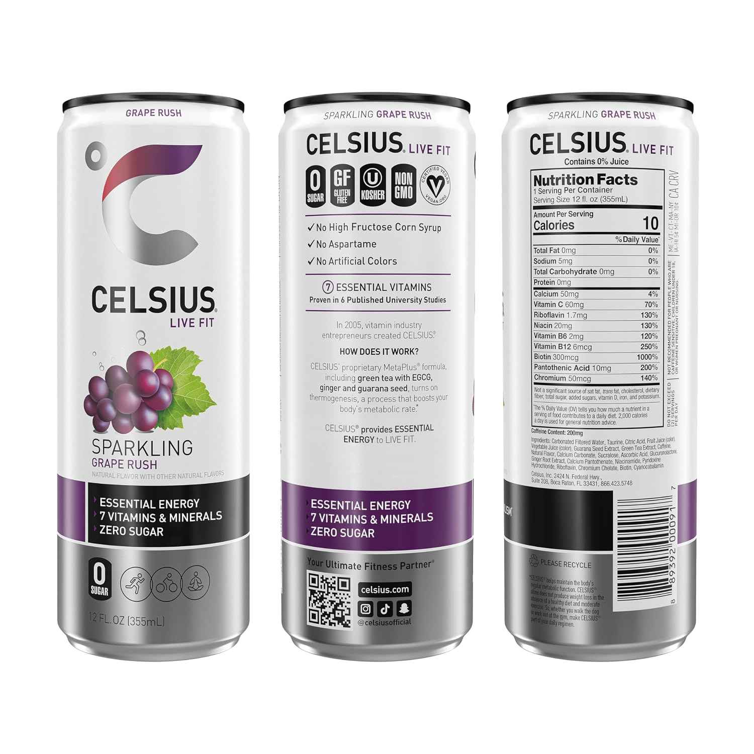 CELSIUS Sparkling Grape Rush, Sugar Free Energy Drink, 12 Fl Oz (Pack of 12)