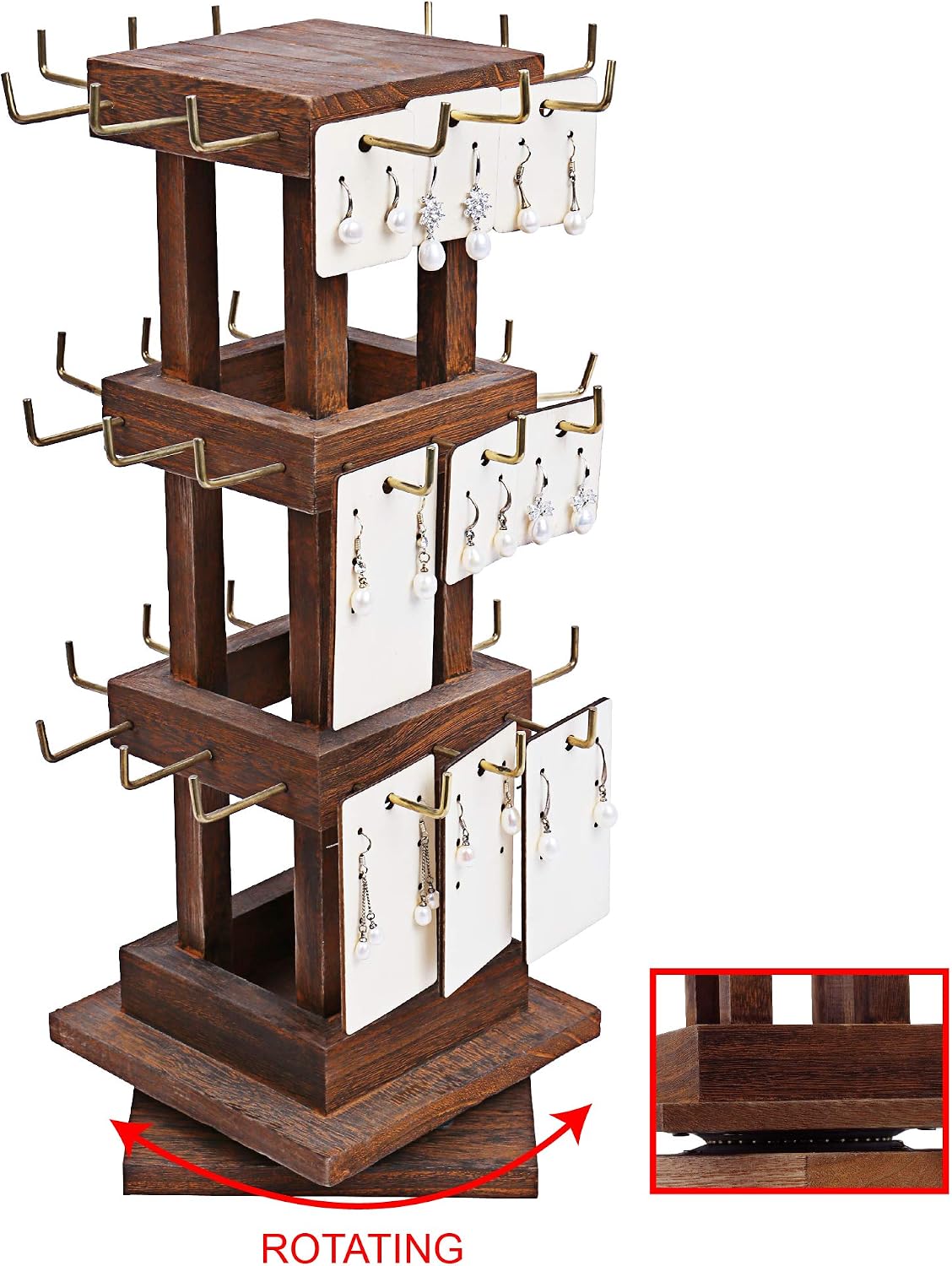 Ikee Design 36 Hooks Wood Rotating Jewelry Keychain Holder Display Stand