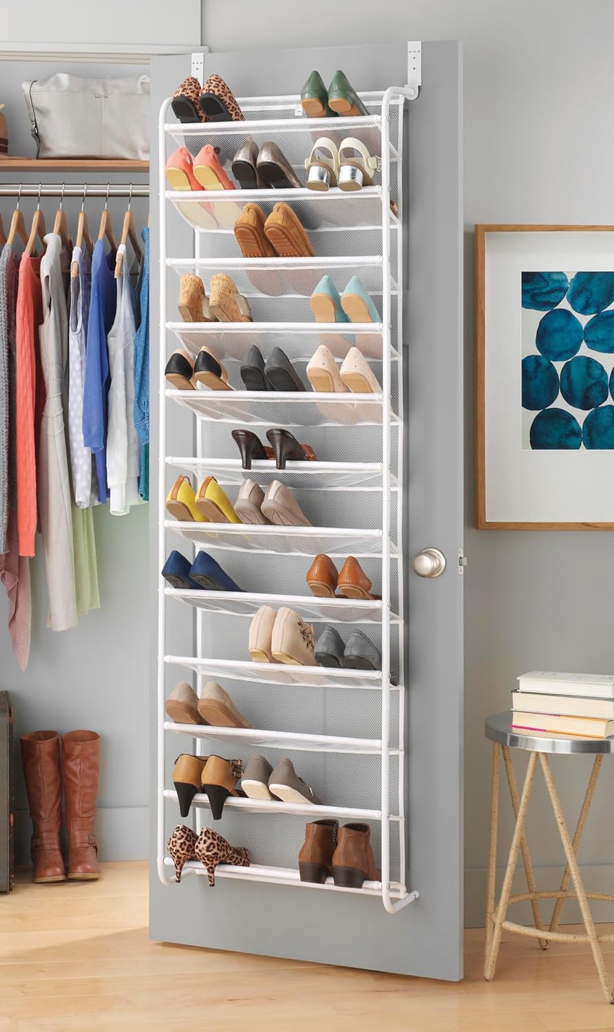 Whitmor 36 Pair Over The Door Shoe Organizer, 12 Tier Hanging Shoe Organizer, Heavy Duty Metal & Mesh Shoe Holder, Hanging Shoe Rack for Closet Organizer & Storage, 74" H x 21.7" W x 7.5" D, White1