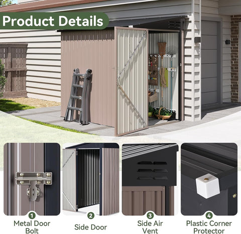 Aoxun 6' x 4' Lean to Shed Outdoor Steel Garden Utility Cabinet with Lockable Door Waterproof & Rust-Proof for Yard, Patio, Backyard (Brown)