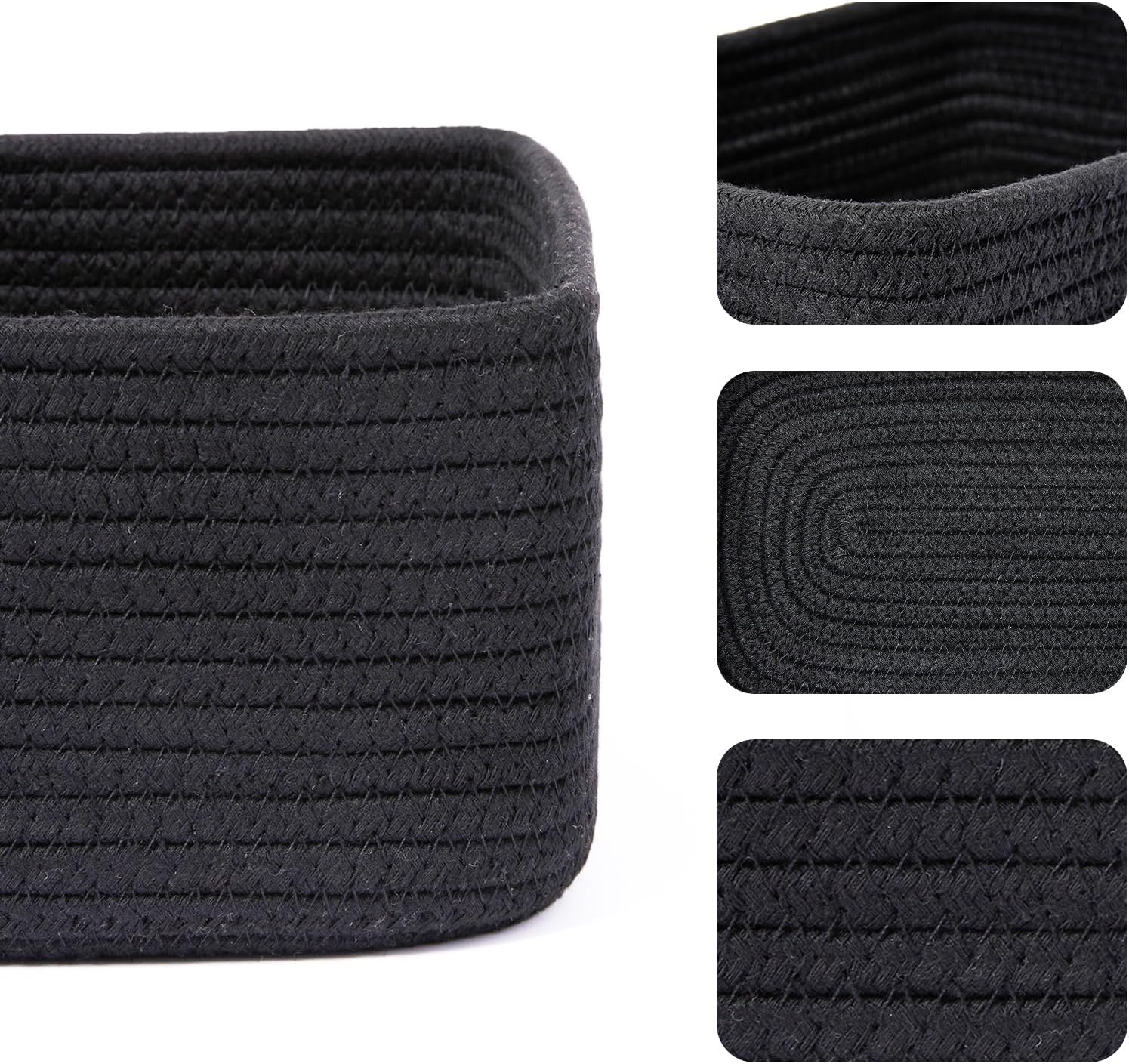 MiniArk Small Storage Baskets for Organizing | Closet Organizer Bins | Shelf Toy Basket | Woven Rope Baskets | Cube Decorative Box | Shallow Basket | 11.5x7.5x4.7” | 3 Packs Black