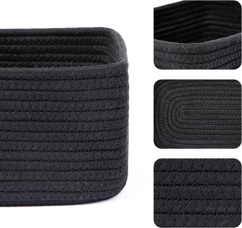 MiniArk Small Storage Baskets for Organizing | Closet Organizer Bins | Shelf Toy Basket | Woven Rope Baskets | Cube Decorative Box | Shallow Basket | 11.5x7.5x4.7” | 3 Packs Black