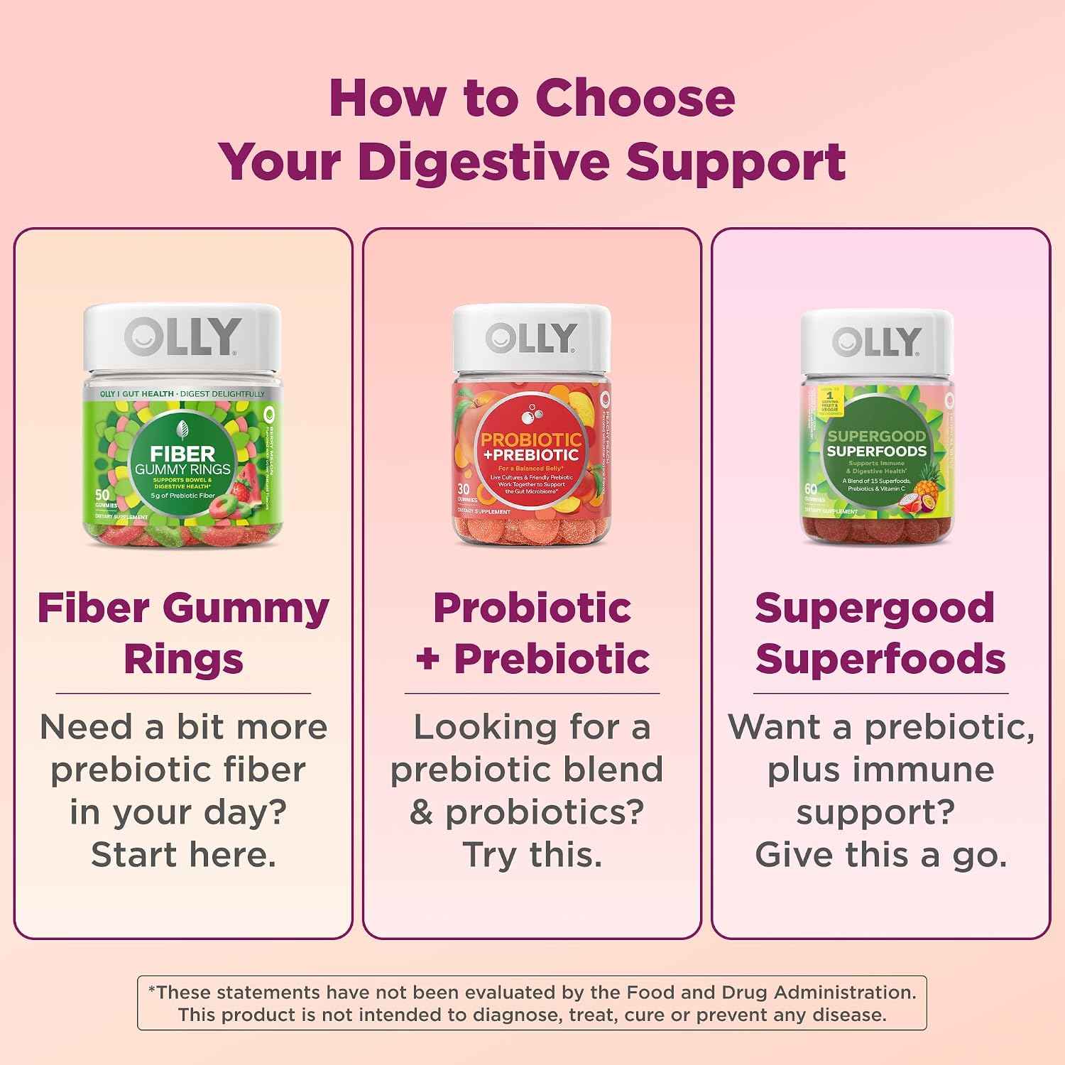 OLLY Fiber Gummy Rings Digestive Health Supplement, Berry Melon - 100 Count