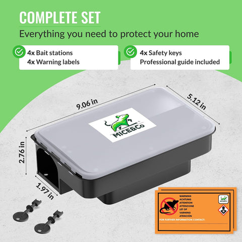 Rat Bait Stations 4 Pack, Clear Lid, Lockable Rodent Traps, Outdoor