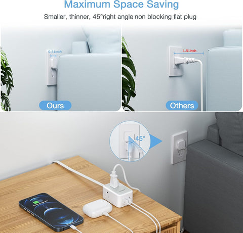 TESSAN Small Flat Plug Power Strip, Ultra Thin Extension Cord 5 ft, Grey (Pack of 2)