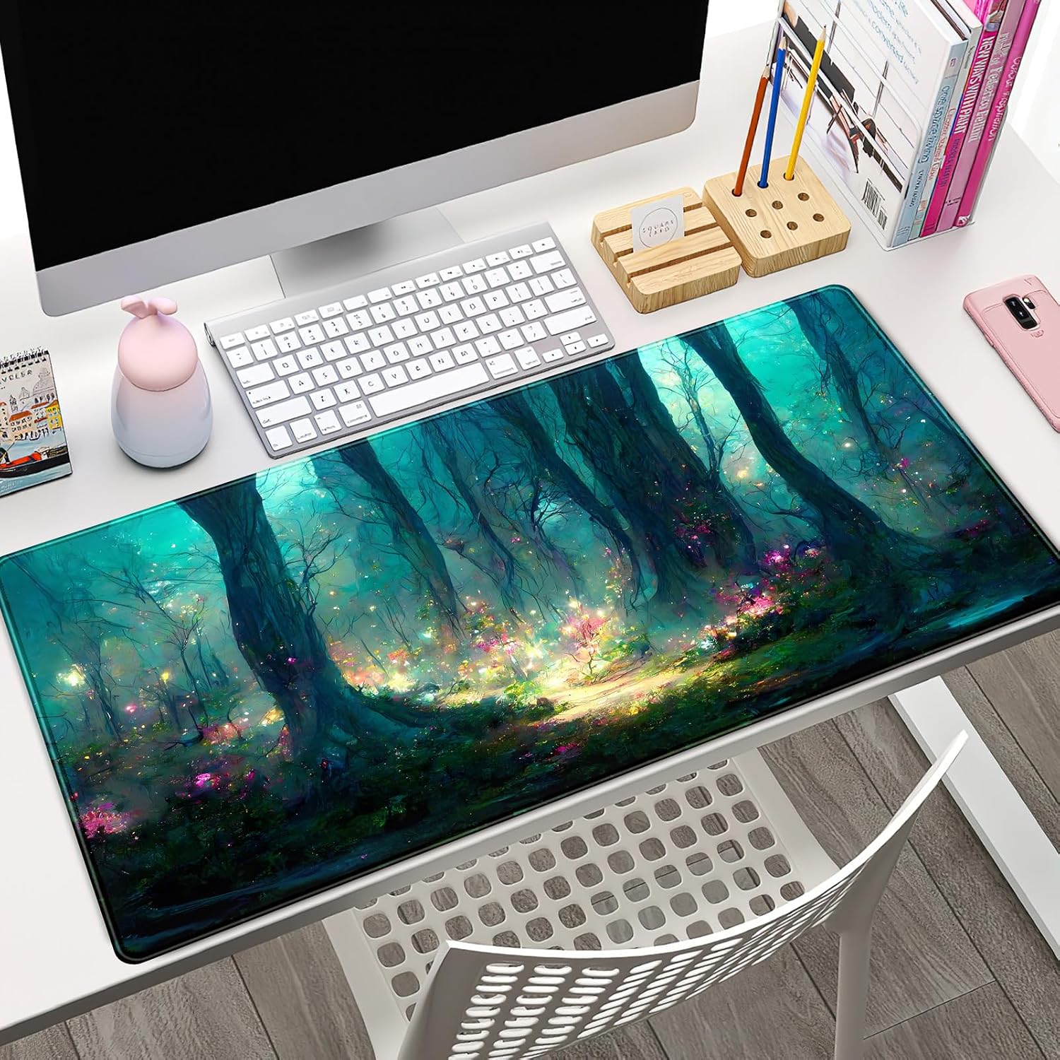 Forest Desk Mat Blue Green Mouse Pad Large Laptop Computer Keyboard Mouse Mat Gaming Mousepad XXL 31.5''X 15.7'' Deskpad Deskmat Cute Desk Pad