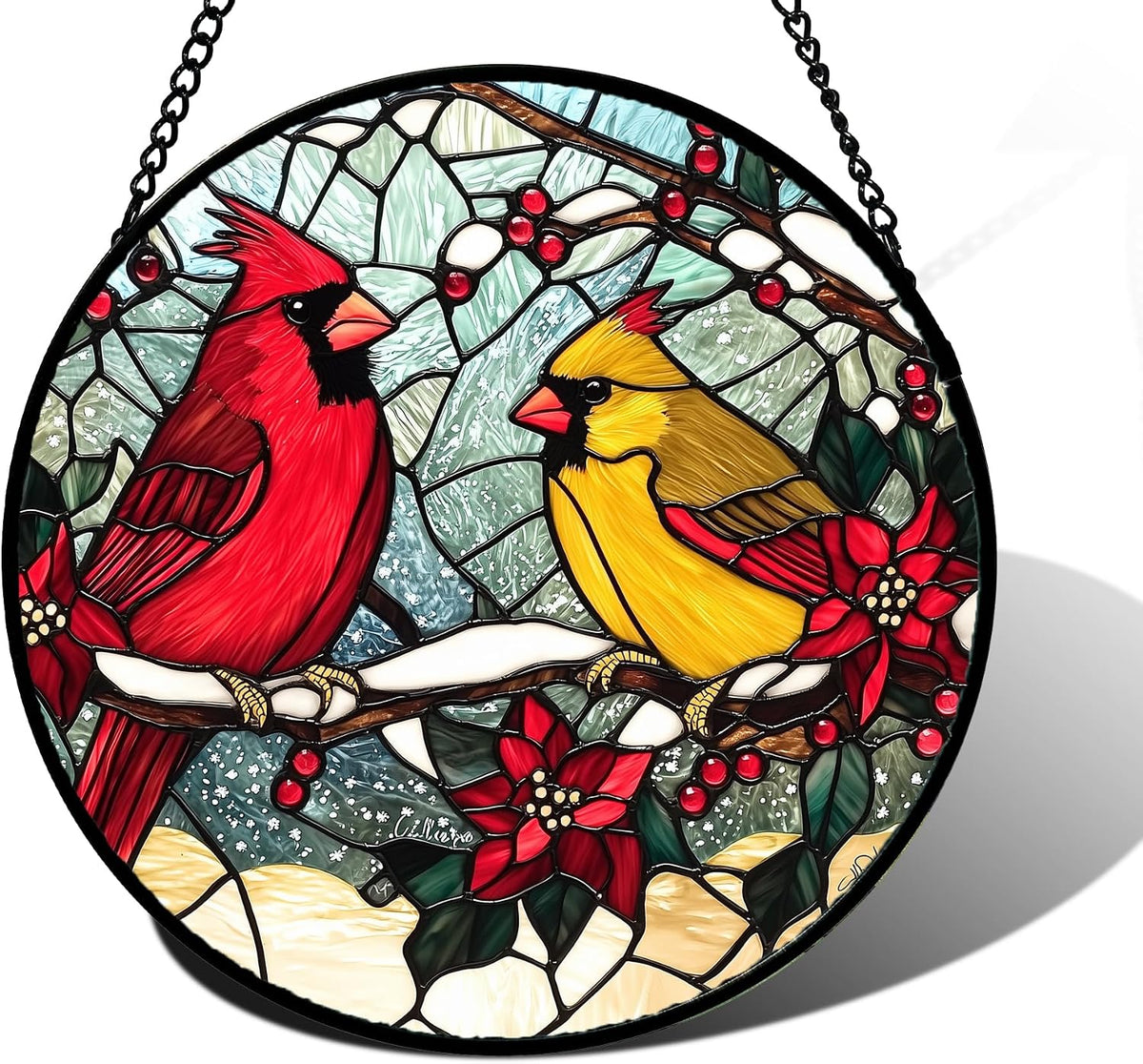 Cardinals Poinsettia Stained Glass Window Hanging Suncatcher Gifts 7.8"
