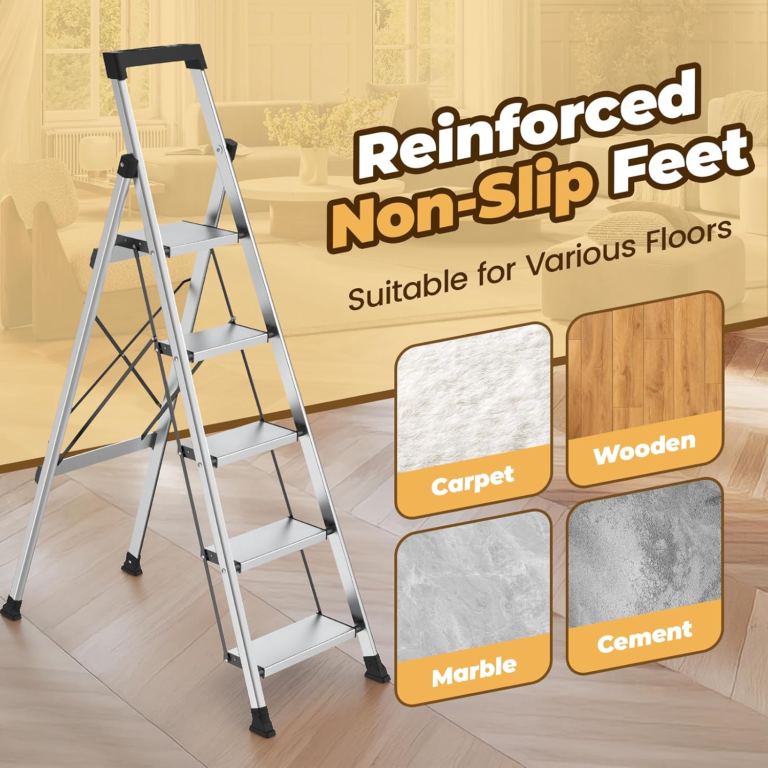 HBTower 5 Step Ladder, Lightweight Aluminum Folding Step Stool