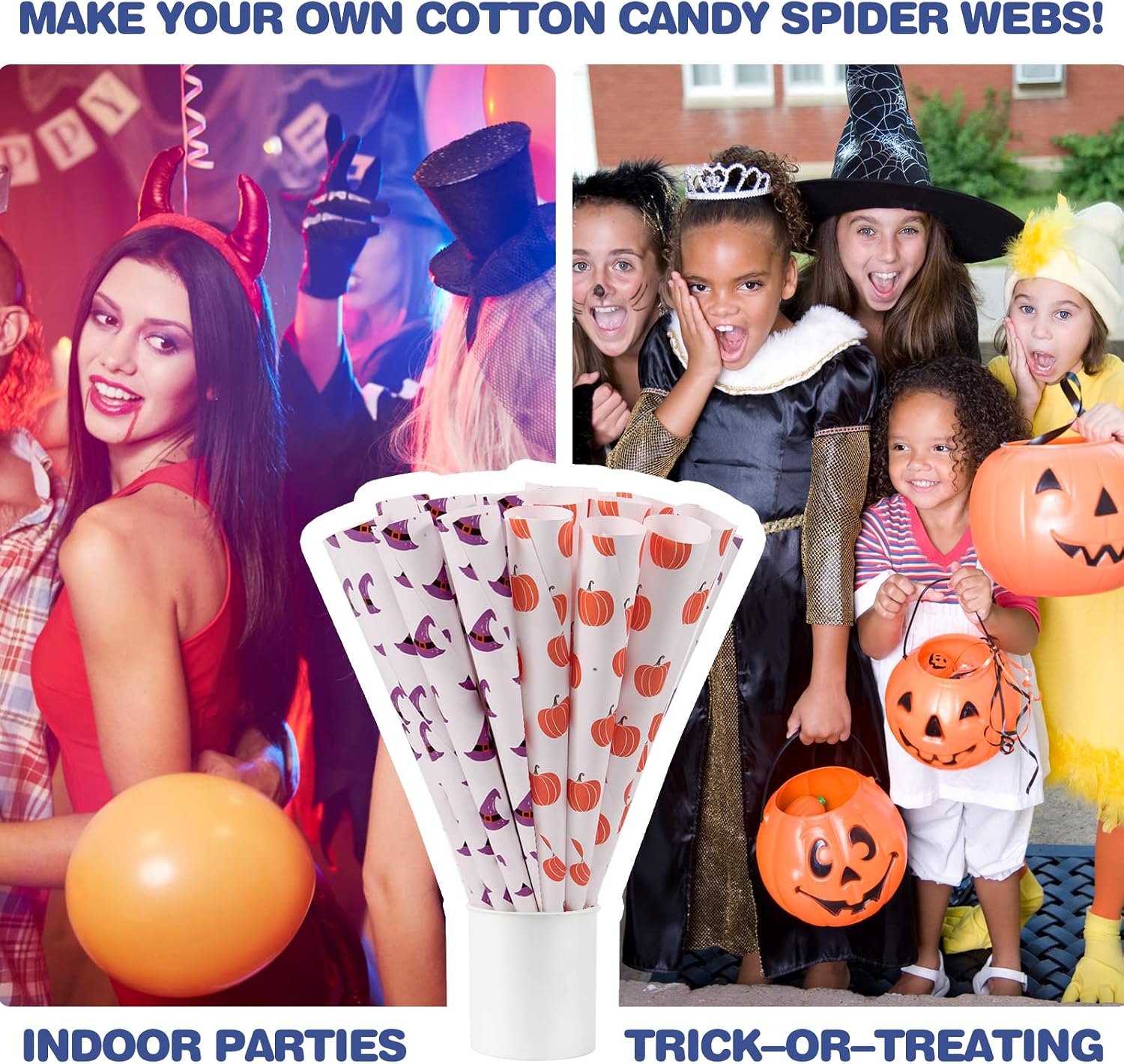 Cotton Candy Cones 50 Pack Halloween Theme - Candy Park Multicolor Paper Cones, For Cotton Candy Machines & Candy Floss Sugar, Party Supplies for Trick-or-Treating, Carnival & Consession Stand