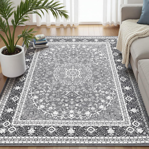 5x7 Area Rugs for Living Room, Washable Non-Slip Rug, Oriental Light Grey