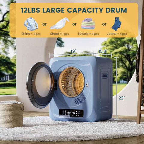 Zynkez 12Lbs Portable Clothes Dryer, 850W Compact Laundry Dryer with Boot Dryer, 6 Drying Modes, Electric Dryer with LED Control for Apartments, Home, Dorms, RVs, Blue