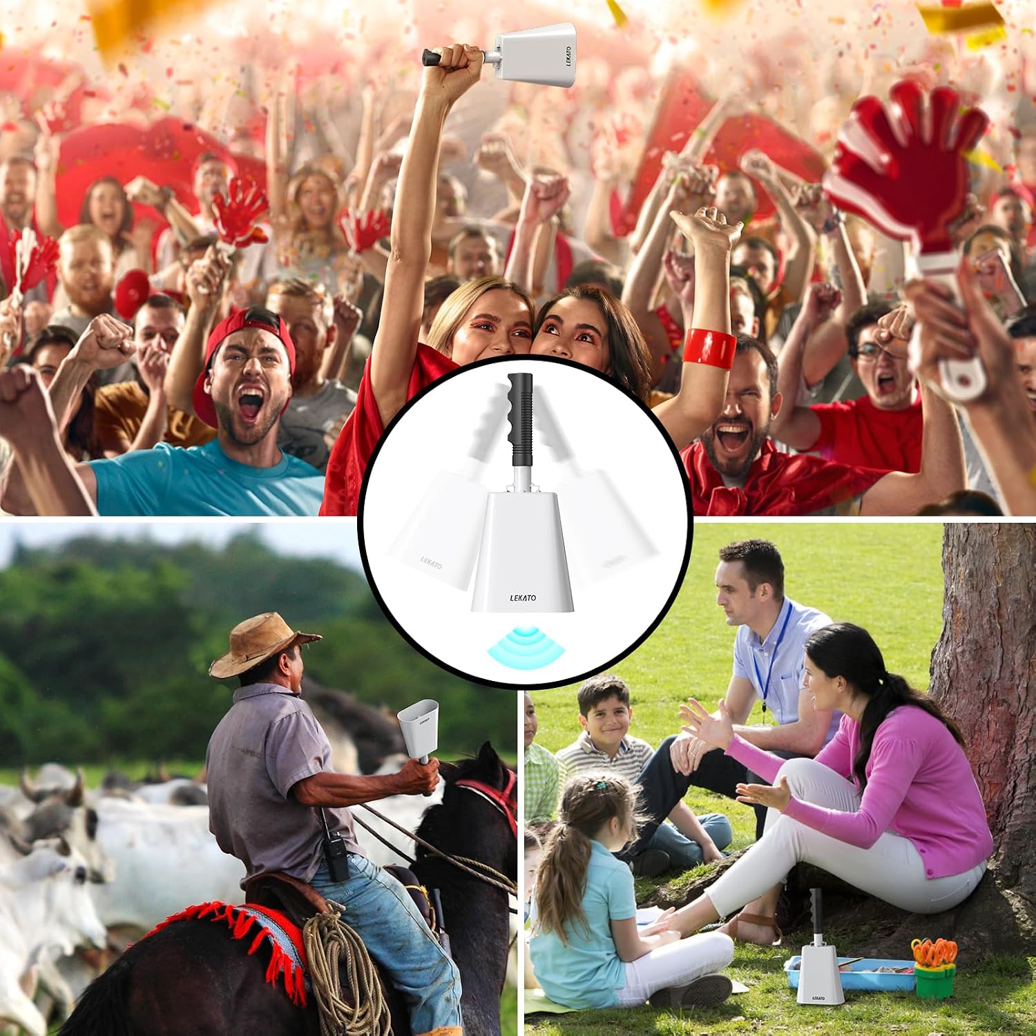 LEKATO 10 Inch Cowbell Noise Makers, Cow bell with Handle for Sporting Events Cheering Steel Cow Bell for Football Games,Party, Concert, Graduation, School, Farm Ranch(White)