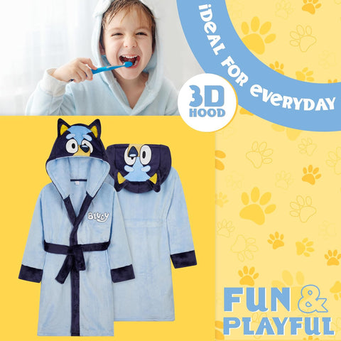 Bluey Robe for Kids, Toddlers, Sizes 18M–8Y with 3D Hood, Fleece Bathrobe, Soft Dressing Gown, Loungewear, Gifts for Girls