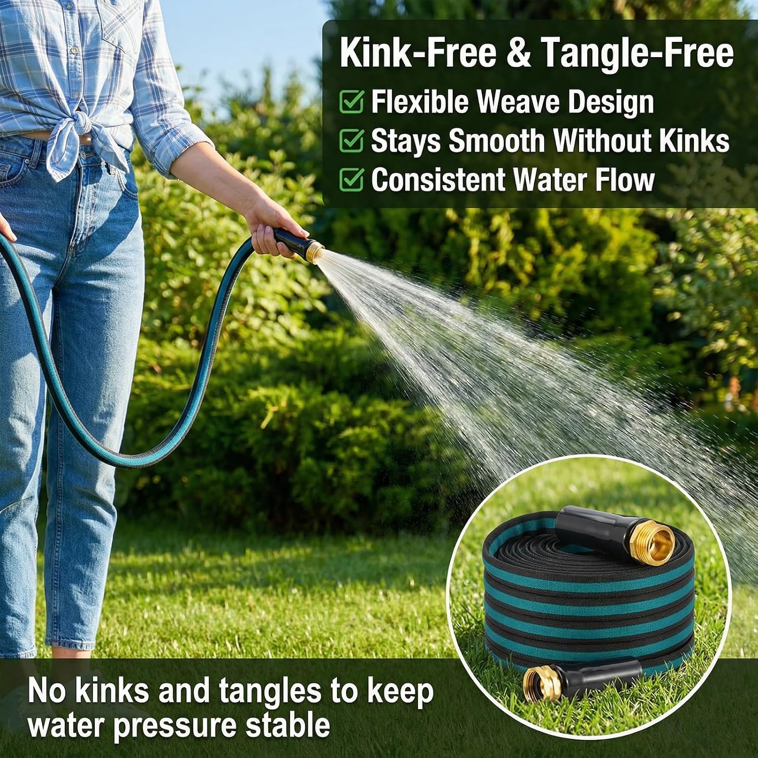 50FT Lightweight Garden Hose – Kink-Resistant, Flexible, High-Pressure Hose for Outdoor Watering, Lawn Care, Garden, and Car Cleaning