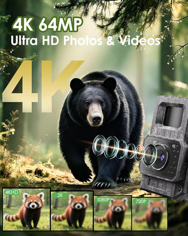 MAXDONE Solar Trail Camera, 4K 64MP WiFi Bluetooth Night Vision Game Camera