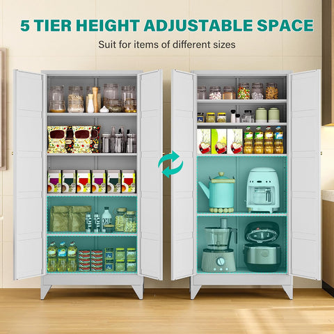 SISESOL Pantry Storages Cabinet with 2 Doors and 5 Shelves,Tall Storage Cabinet,Large Cupboard Closet,Metal Storage Cabinet for Home,Bathroom,Dining/Living Room (White, 71" H)
