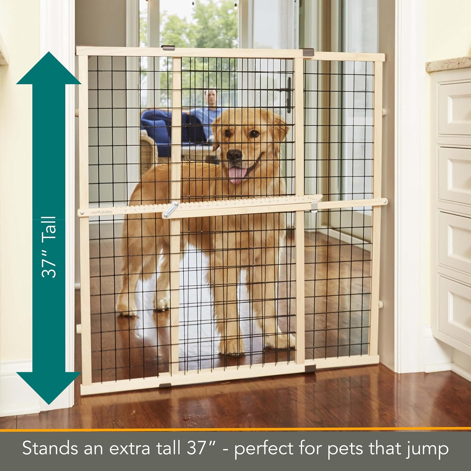 MYPET Wire Mesh Dog Gate: 29.5"-40" Wide, Pressure Mounted with No Tools; Expandable, Durable Pet Gates for Doors and Hallways, 37" Tall, Made with Sustainable Hardwood
