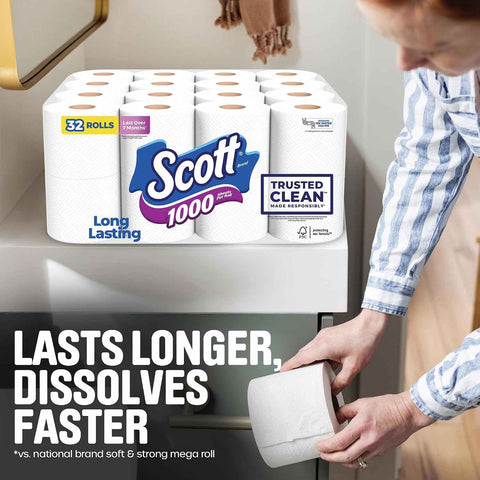 Scott 1000 Trusted Clean Toilet Paper, 32 Rolls, 1000 Sheets per Roll