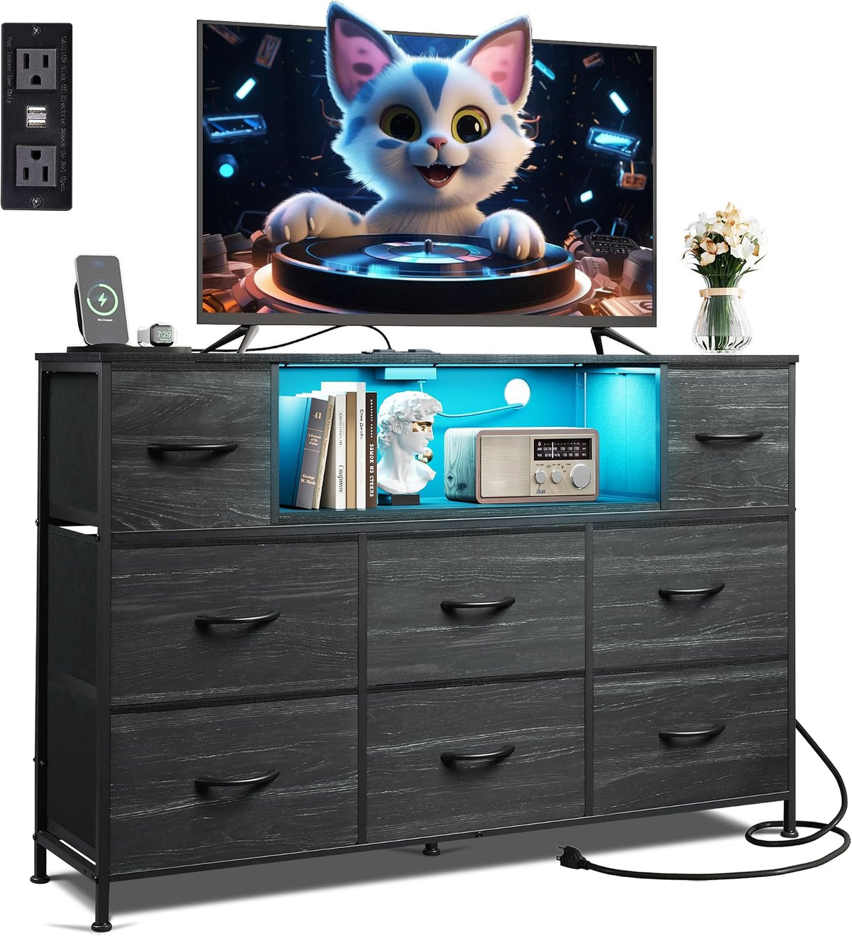 WLIVE Dresser TV Stand for 55 Inch TV, 8 Drawers, LED, Black Wood Grain